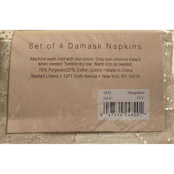 Hampshire Damask Dinner Napkins Leaf Pattern Bardwil Linens Ivory 2 Sets of 4 - Picture 5 of 5
